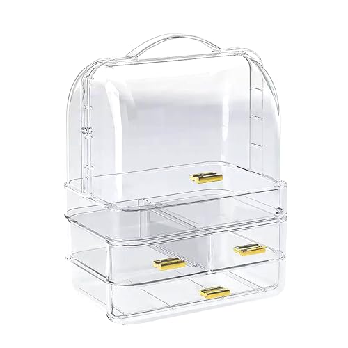 Large Clear Makeup Organizer Box with Flip Lid & Drawer Portable Cosmetic Storage Case for Makeup Skincare Lipstick Jewelry - Dustproof Acrylic Toiletry Box for Vanity Table & Travel