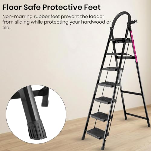 Image of Casa Copenhagen Black 7 Step Ladder for Home Use with Built-in Tool Tray | Heavy Duty D Shape Rods | Ultra Large Platform | Wide Rubber Feet | 150Kg Capacity Foldable Ladder - 7 Years Warranty