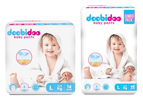 Image of Doobidoo Baby Diaper Pants with High Absorbency, Anti-Leak Side Cuffs, Cottony Bubble Soft, Rash-Free, Large Size (L) 9-14 Kg, Pack of 2, 62 Count