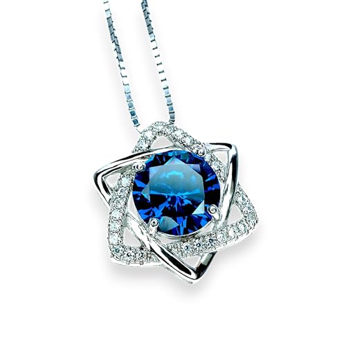 2 CT Blue Sapphire Necklace - Diamond Star of David Necklace - September Birthstone - 18kgp @ Sterling Silver Luxury Dainty Blue Sapphire Pendant 16