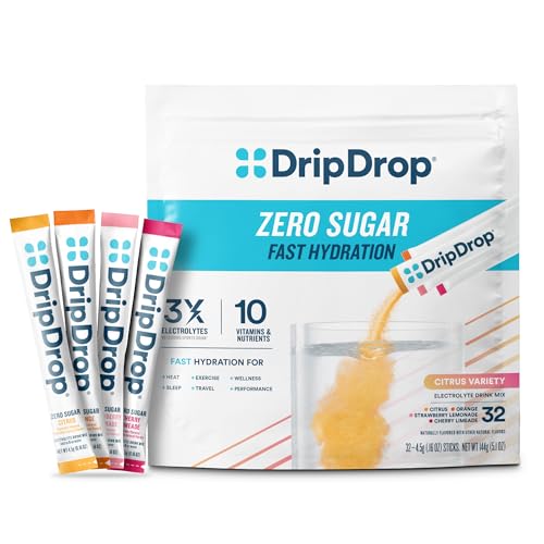 Image of DripDrop Sugar Free Hydration Packets - Zero Citrus Variety Pack - Single Serve Electrolytes Powder Drink Mix - Cherry Limeade, Citrus, Orange, Strawberry Lemonade - Non-GMO, Gluten Free - 32 Sticks