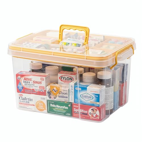 Pulseplay Clear Medicine Storage Box with Handle Portable Medicine Cabinet Organizer Multipurpose Plastic Storage Box with Removeable Tray for Home Office Travel Outdoor (Yellow)