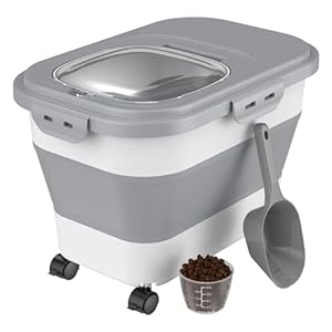 HBlife Collapsible Airtight Pet Food Storage Container, 20 Lb Rice Dispenser with Rolling Wheel Measuring Scoop and Measuring Cup, Small Sealed Dog and Cat Food Bin, Grey