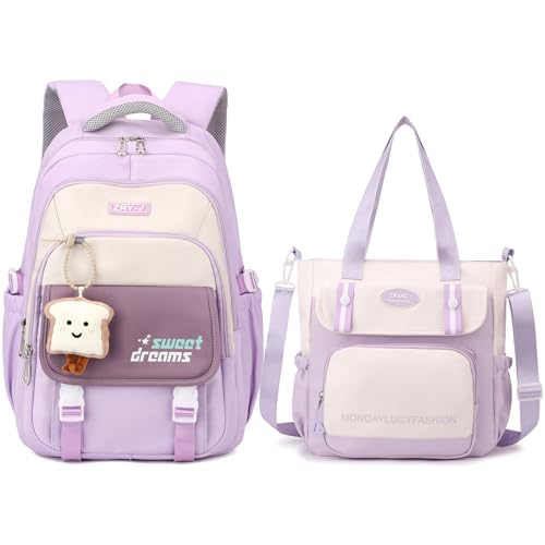 Amythe Schultasche Mädchen Set, Schulrucksack für Mädchen der 3. bis 7. Klasse, 36L Schulranzen Mädchen mit Umhängetasche, Lässiger Rucksack Teenager Daypack mit Anhängern, Violett