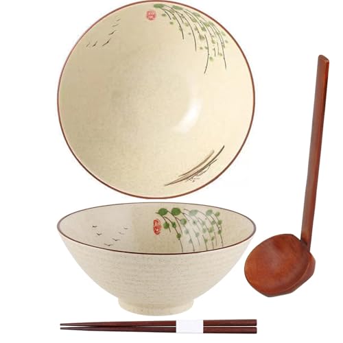 Juego de cuencos de ramen, cuenco japonés, juego de tazón de ramen, cuenco de ramen con palillos de cuchara, cuencos de sopa de 1200 ml, cuenco de ramen VVintage, cuencos de cereales, ensaladera