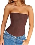 NJWTSDTZ Women Sheer Mesh Bustier Top Y2k Vintage Strapless Boned Corset Sexy Shapewear Tube Top Going Out Party Overbust (Dark Brown, S)