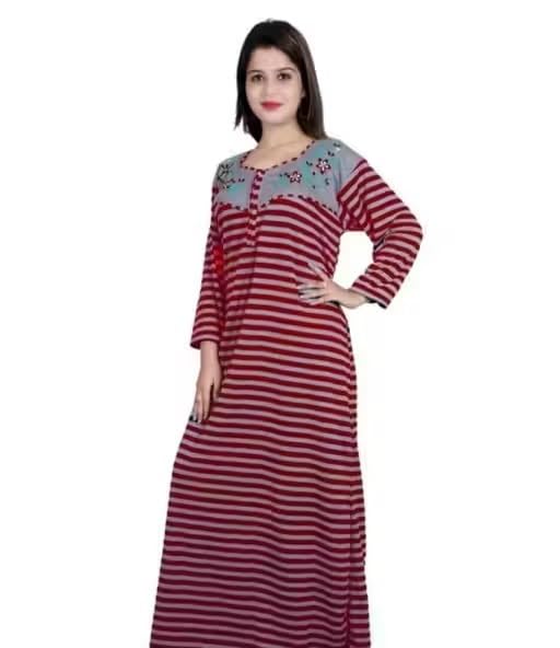 Women Nighty Attractive Pattern Relax Fit Night Dress Lightweight Fabric Lounge Gown-image-5