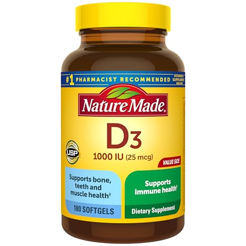 Nature Made Vitamin D3 1000 IU (25 mcg), Vitamin D Supplement for Bone, Teeth, Muscle and Immune Health Support, 180 Softgels, 180 Day Supply