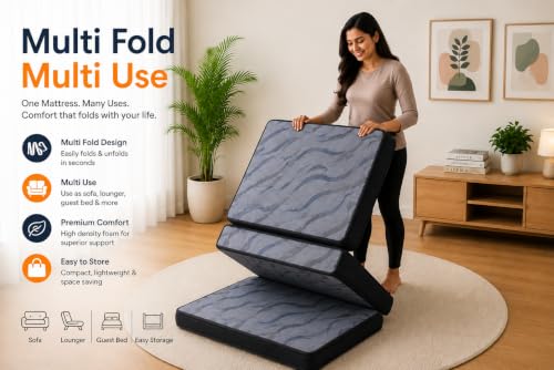 Image of Softline Tri Fold Mattress | 5 Inch HR Foam Foldable Floor Mattress | Medium Firm Back Support | Portable Guest Bed & Travel Mattress | Lightweight & Compact | Queen Size,|72x60x5