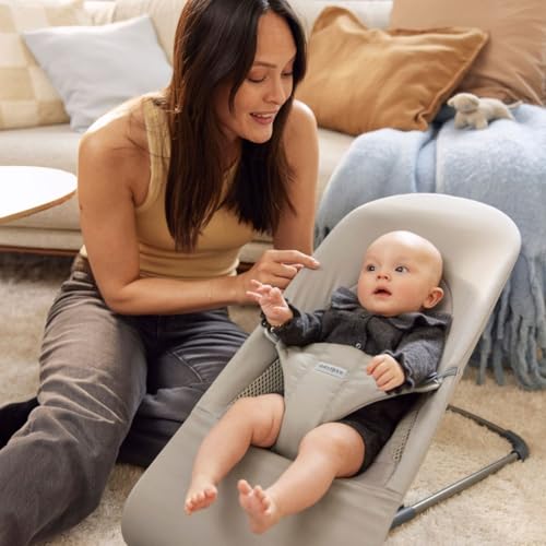 Image of BabyBjorn Bouncer Balance Soft, Sand Gray, Woven /Jersey, Tri-Fabric | 2-in-1 Adjustable Baby Bouncer Seat and Toddler Chair, Newborn to Toddler (8-29 lbs), 4 Positions, Lightweight & Portable