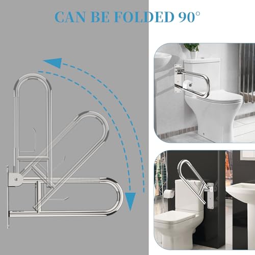 Image of Toilet Grab Bar 22.4 Inch Chrome, Munzong Anti-Slip Handicap Grab Bars with Paper Holder, Flip-Up Bathroom Safety Rails, Stainless Steel Knurled Support handrails for Seniors Elderly Disabled Pregnant