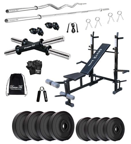 Image of DREAM FIT PVC Home Gym Set - 20 Kg with 8in1 Gym Bench, 3 ft Curling Rod, 5 ft Straight Rod, 1 Pair Dumbbell rods and Gym Accessories (20kg)