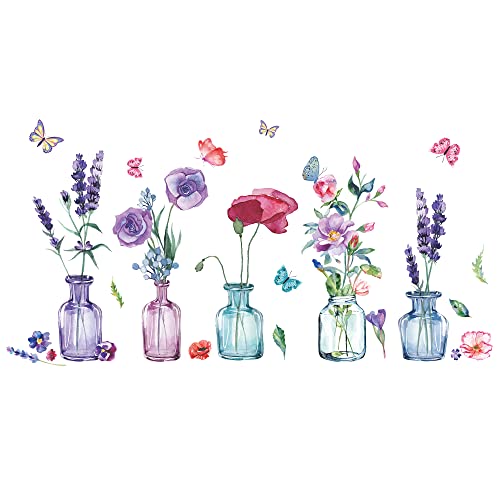 Watercolor 5 Vases Wall Decals Colorful Flowers Wall Decal Floral In Vase Wall Stickers Diy Removable Purple Rose Plants Art Murals Baby Kids Girls Bedroom Living Room Office Bathroom Home Decoration #TOP6