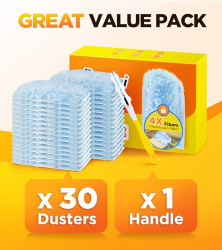 Image of 30 Count Duster Refill for Swiffer Duster with 1 Handle, One-Sided Disposable Dusters Refills with 4X Microfibers, Unscented Dusters for Cleaning Home, Furniture, Blinds & Vent