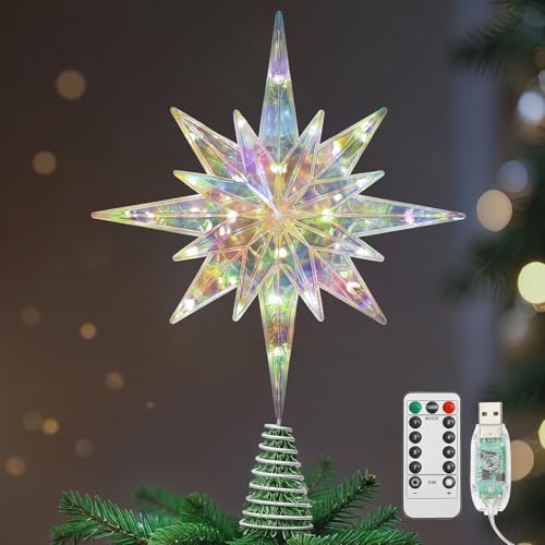 Lewondr Christmas Star Tree Topper, 15.35'' Christmas Tree Topper with 20 LED Bulbs, Remote and USB Operated Bethlehem Polaris Treetop for Home Decor, 6 Hrs Timer and 8 Modes Xmas Decor, Warm Light