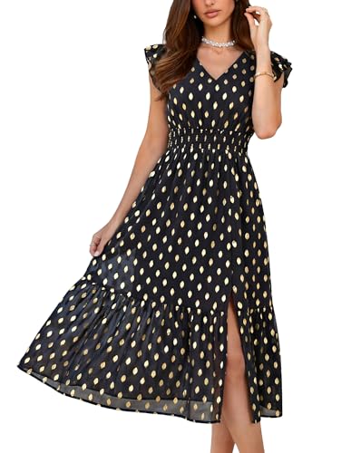 GRACE KARIN 2026 Womens Summer Dresses V Neck Ruffle Sleeve Floral Boho Beach A-Line Dress Black-Polka Dot X-Large