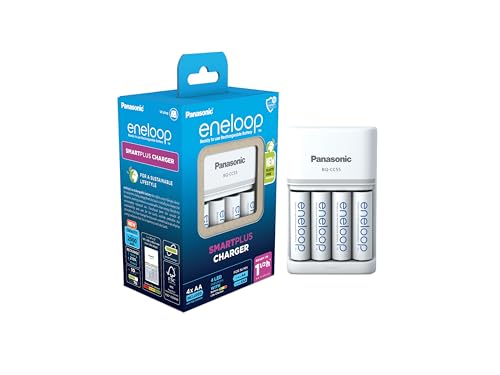 eneloop SmartPlus Chargeur pour 1 à 4 piles rechargeables AA/AAA, temps de charge de 1,5 h, 10 fonctions de sécurité, 4 piles AA Eneloop incluses (2000...