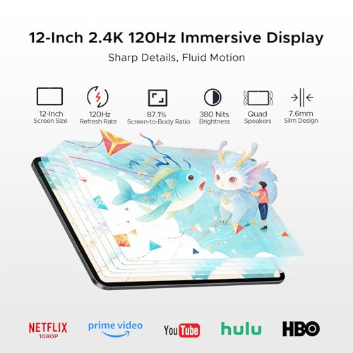 Image of P12 Pro Tablet Android 16 (2026), 2.4K 120 Hz Android Tablet 12 Inch, 48GB RAM+256GB ROM, T7300 CPU, 12000mAh, Gemini AI, 13MP+8MP, Widevine L1, WiFi 5, Bluetooth 5.4, Tablet with Pen - Gray