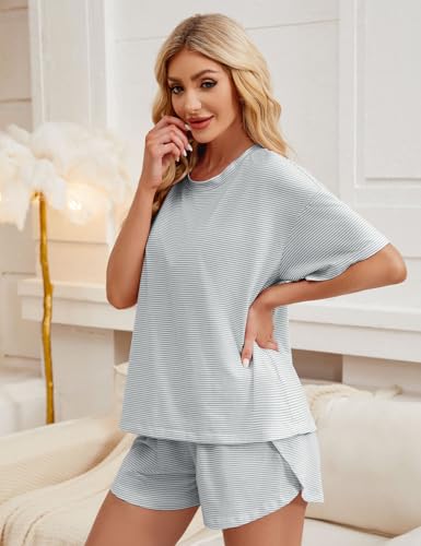 Image of JUSTFASHIONNOW Womens Pajama Sets Shorts Striped Print Two Piece Lounge Sets Crew Neck Sleepwear Split Shorts Set Soft Pjs