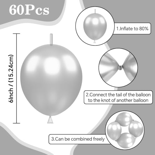 Image of Silver Link Balloons,60Pcs 6Inch Metallic Silver Latex Linking Balloons for Birthday Baby Shower Wedding Anniversary Party Decorations