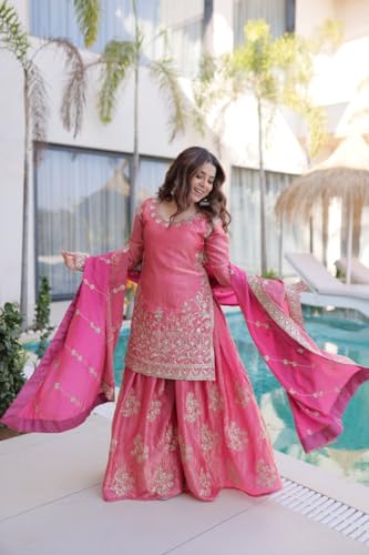 Image of Women's Embroidered Kurta Sharara Set with Dupatta | Designer Indian Ethnic Suit | Festive, Wedding, Engagement & Party Outfit for Women
