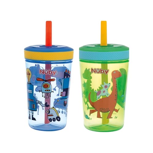 Nuby Thirsty Kids Super Sipper – 14oz No-Spill Toddler Cup with 360° Silicone Valve & Swivel Straw – Leak-Resistant, Durable, Easy-Clean Design – 2 pk - Boys