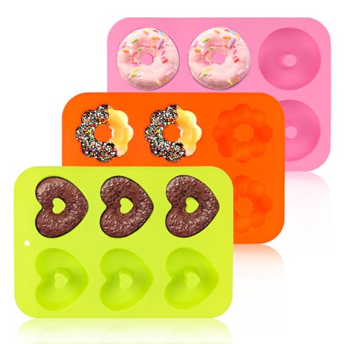 Bettoor 3 Pack Silicone Donut Pan, Non-stick Doughnut Molds for Baking, 6 Cavity Donut Maker Muffin Cupcake Bagel Making Tray (Pink, Orange, Green)