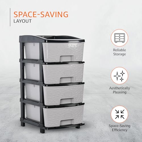 Image of Amazon Basics Plastic 4 Rack Multipurpose Modular Drawer Storage Rack | Kitchen & Home Essentials Organizer Storage Box Cabinet | Almira Set for Stationary, Cosmetic |Black & Grey 36D x 30W x 63H cms