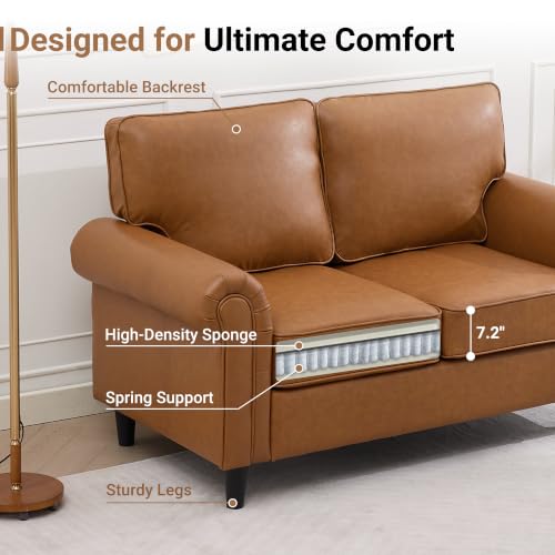 Image of Kingfun Loveseat 2 Seater Couch, Mid Century Modern Faux Leather Sofa with Rolled Arms and Deep Seats, Fluffy Comfort for Living Room, Apartment, Easy Assembly, Brown