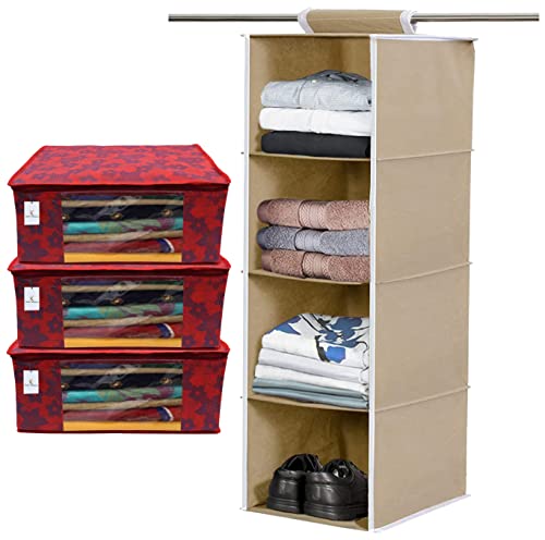 Kuber Industries 4 Shelf Closet Hanging Organizer (Brown) & Metalic Flower 3 Piece Non Woven Saree Cover Set, Large, Red (B0BB65Y8MH) Amazon Price History, Amazon Price Tracker