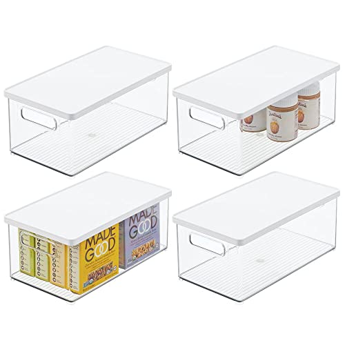 mDesign Plastic Stackable Kitchen Pantry Cabinet, Food Storage Bin Box with Handles, Lid - Organizer for Packets, Jars, Snacks, Pasta - 4 Pack - Clear/White