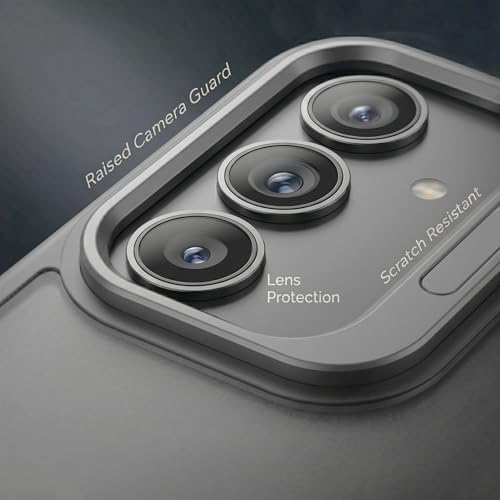 Image of amazon basics Frosted Matte Case for Samsung Galaxy A55 5G | Built-in Flip-Out Camera Lens Stand | Translucent Back with Contrast Gray Bumper | Shockproof Protective Cover with Foldable Kickstand