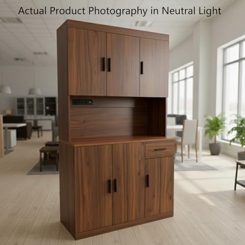 71 Inch Rustic Brown Pantry Cabinet with Power Outlet, Heavy-Duty Freestanding Kitchen Storage Organizer with Reinforced Frame, Pantry Hutch for Kitchen, Dining Room, Living Room