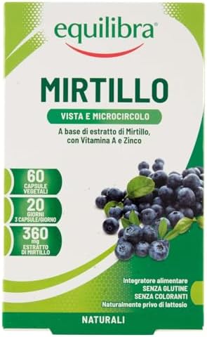 equilibra Integratori Alimentari, Mirtillo, Integratore per la Normale Capacità Visiva e la Funzionalità del Microcircolo, con Estratto di Mirtillo, Vitamina A e Zinco, 60 Capsule Vegetali