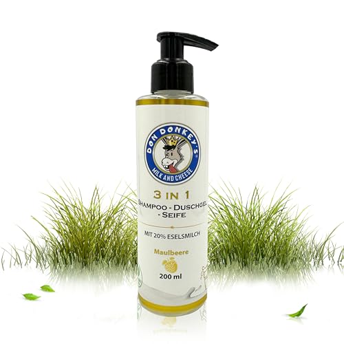 DON DONKEY’S® 3-in-1 SHAMPOO-DUSCHGEL-SEIFE 200ml | Mit 20% Bio-Eselsmilch | Multitalent für Haut & Haar | Schützt & pflegt trockene Haut | Für empfindliche Haut | Frischer Maulbeer-Duft