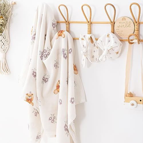Image of BabyWhale Muslin Swaddle Blanket with Hat and Headband Bow, Flower and Bear Print Swaddle Set for Baby Boys & Girls, Soft Breathable Unisex Receiving Blanket Wrap, 47x47 inches