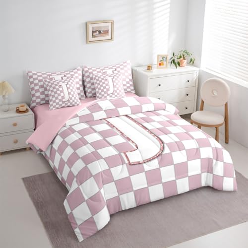 Image of Erosebridal Pink Initial J Full Bed in A Bag 7 Piece Kawaii Plaid Checkered Comforter Set with Sheets Cute Personalized Monogram Bedding Sets for Kids Girls Teen Women,Fashion Grids Gingham Bed Set