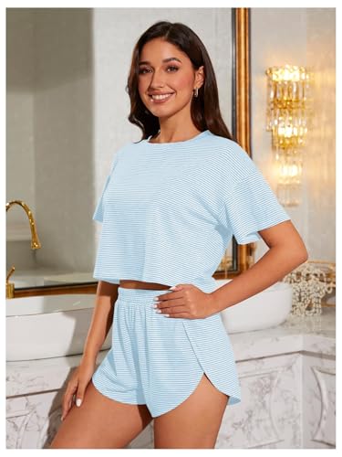 Image of OYOANGLE Womens Pajama Sets 2 Piece Sexy Lounge Sets Summer Cute Pjs Striped Print Tee and Side Split Shorts Set