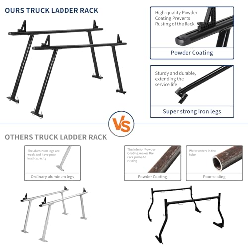 Image of Adjustable Aluminum Truck Ladder Rack, 1000 LB Capacity, Powder-Coated No-Drill Crossbars 35.4-71 inch Adjustable Width Truck Bed Ladder, Heavy-Duty 2-Bar Utility Rack for Pickup, Kayaks, Lumber, Ladders