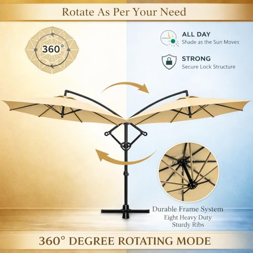 Image of Hukimoyo 10Ft Diameter Large Outdoor Patio Cantilever Offset Umbrella with Base Stand, Waterproof Heavy Duty Garden Parasol Sun Shade Canopy, Side Pole Umbrella for Backyard, Poolside, Deck, Lawn, Terrace, Cafe.
