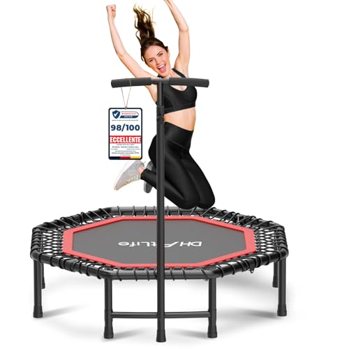 DH FitLife Trampolino Fitness Indoor Pieghevole senza Installazione | Trampolino Ø121 cm 48 Pollici | Portata 150 kg | Maniglia Regolabile a 3 Altezze | Stabile e Silenzioso per Bambini e Adulti