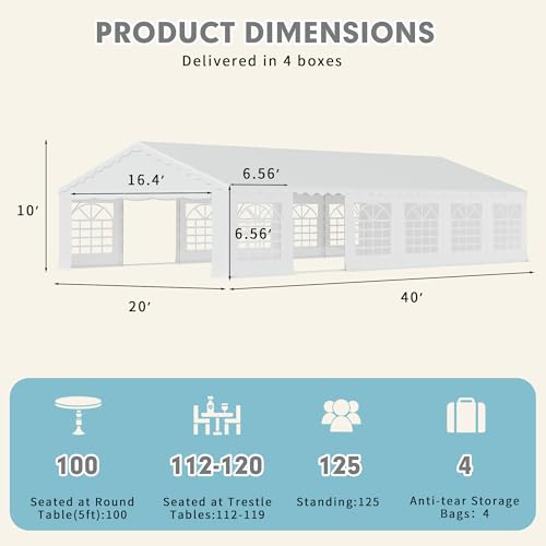 EROMMY 20x40ft Party Tent, Outdoor Wedding Tent, Heavy Duty Large Canopy Carport with Removable Sidewalls, 2 Roll-up Doors, 4 Storage Bags, Gazebo Shelter Tent for Party Event Commercials, White