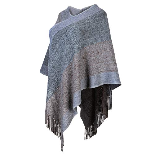 Image of Women's Elegant Knitted Shawl Poncho with Fringed V-Neck Striped Sweater Pullover Cape Gifts for Women Mom