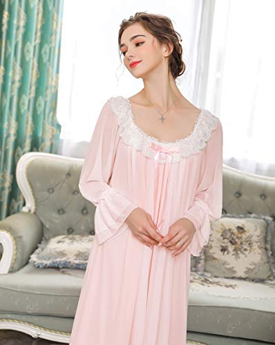 Feelmestyle Women's Long-Sleeve Mesh Nightdress Princess Vintage Nightgown Lace Sleepwear Pajamas Pink #TOP4