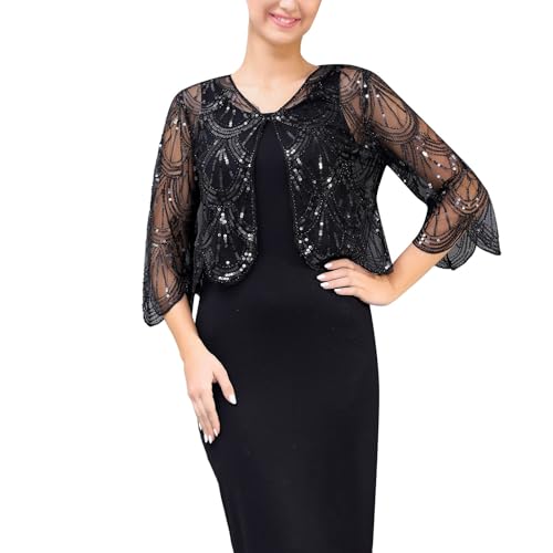 Generisch Chaqueta de lentejuelas con tres cuartos de manga corta, cheongsam con bufanda pequeña sobre el hombro, más delgada para, Negro , Talla única