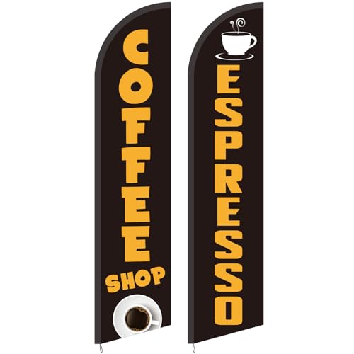 Remagr 2 Pack Coffee Espresso Feather Flags Cafe Feather Swooper Banner 2.5 x 12 ft Tall Heavy Duty Coffee Espresso Shop Advertising Market Sign Weatherproof Outdoor Business Flag Only (Fashionable)