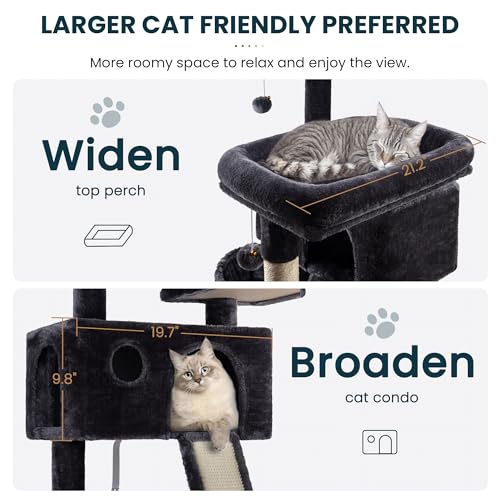 Image of SHA CERLIN 65in Larger Cat Tree Tower Condo for Indoor Kitties /Multi-Level Furniture Activity Center with Wide Base /Cozy Plush Cat Perches /Baskets /Sisal Scratching Posts and Hammock /Dark Grey