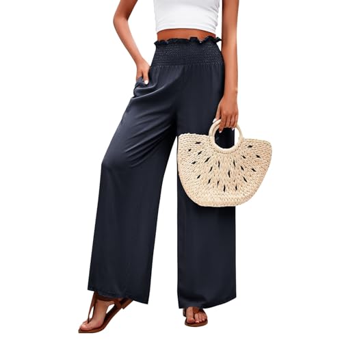 Womens Summer Pants Baggy Trendy High Rise Wide Leg Pants Palazzo Stretch Elastic Solid 2025 Outfit Ruched with Pocket3
