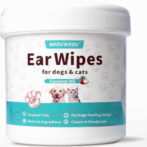 Image of MEDUWEDU Ear Cleaner Wipes 120 Counts, Dog Ear Cleaner, Grooming Kit Care for Dogs and Cats, Soft & Easy Otic Cleaning Pads, Remove Wax, Dirt & Stop Smelly, Itchy, Non-Irritating, Coconut Scent