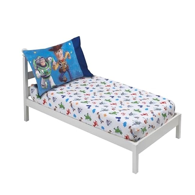 Disney Toy Story 4 - Blue, Green, Red & White 2 Pack Toddler Fitted Crib Sheet & Standard Size Pillowcase Set, Blue, Green, Red, White